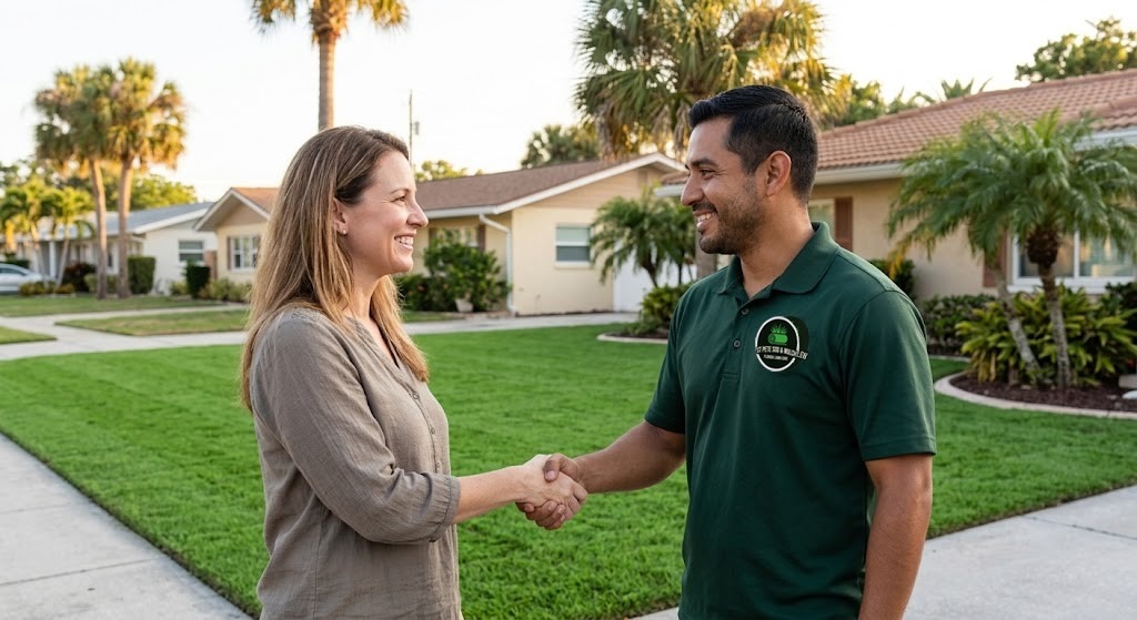 St Pete Sod & Mulch technician shaking hands with a happy St. Petersburg homeowner