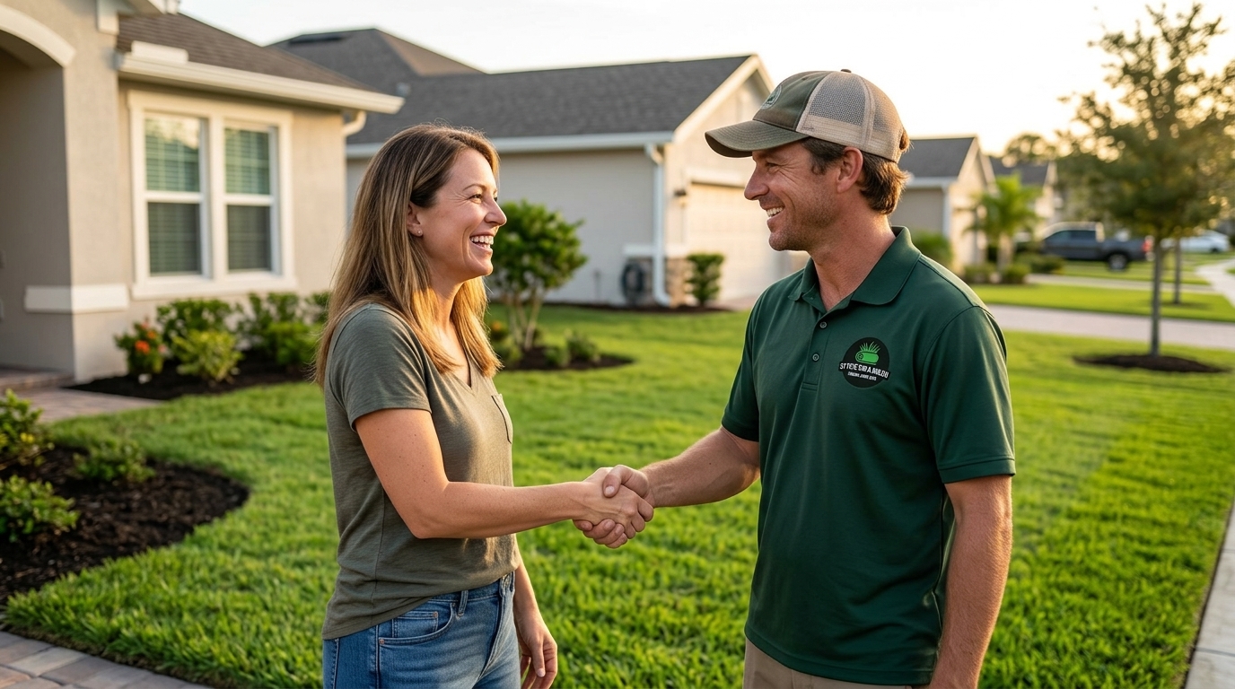 St Pete Sod & Mulch technician shaking hands with a happy St. Petersburg homeowner