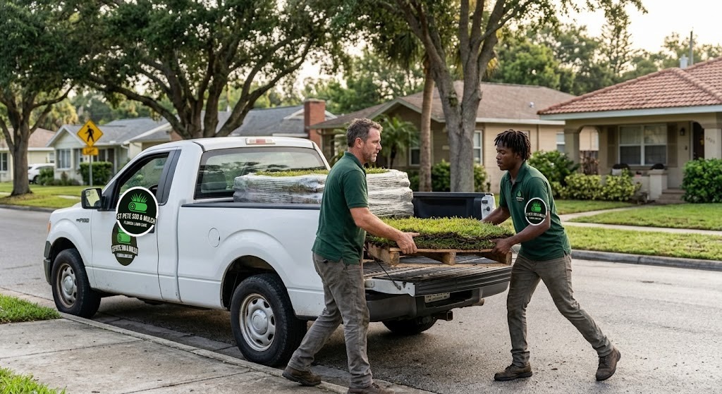 St Pete Sod & Mulch crew loading fresh sod pallets onto the delivery truck
