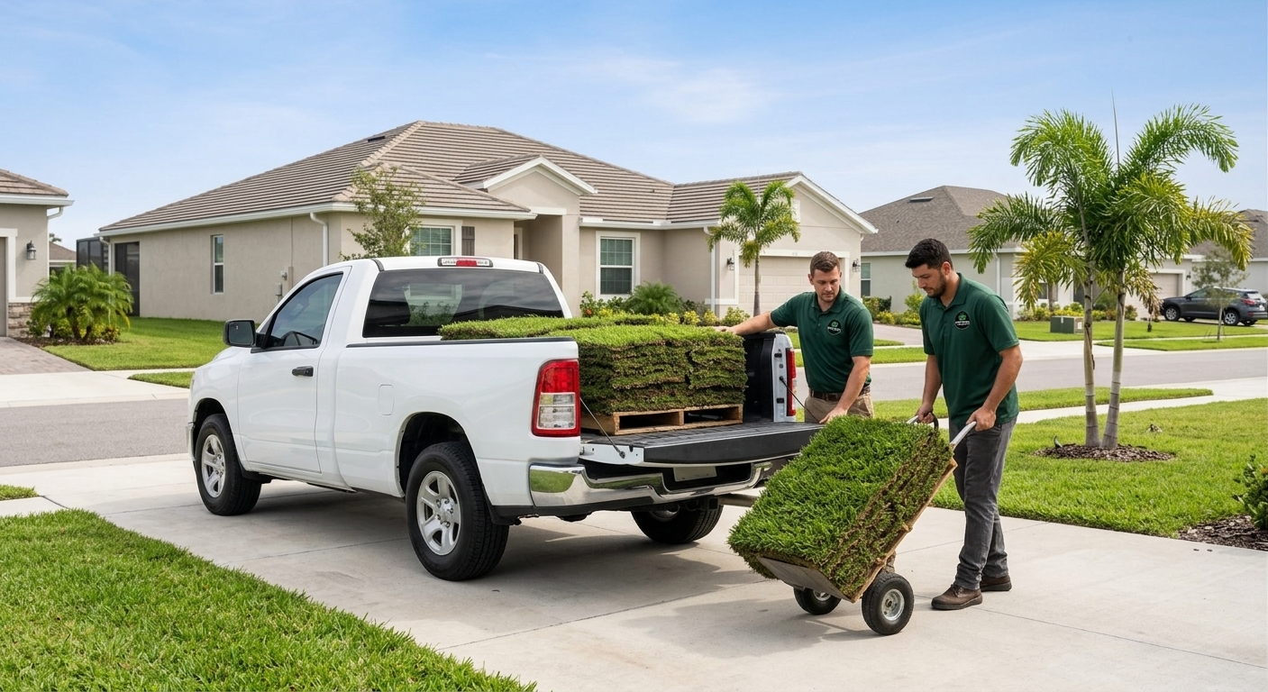 St Pete Sod & Mulch crew loading fresh sod pallets onto the delivery truck