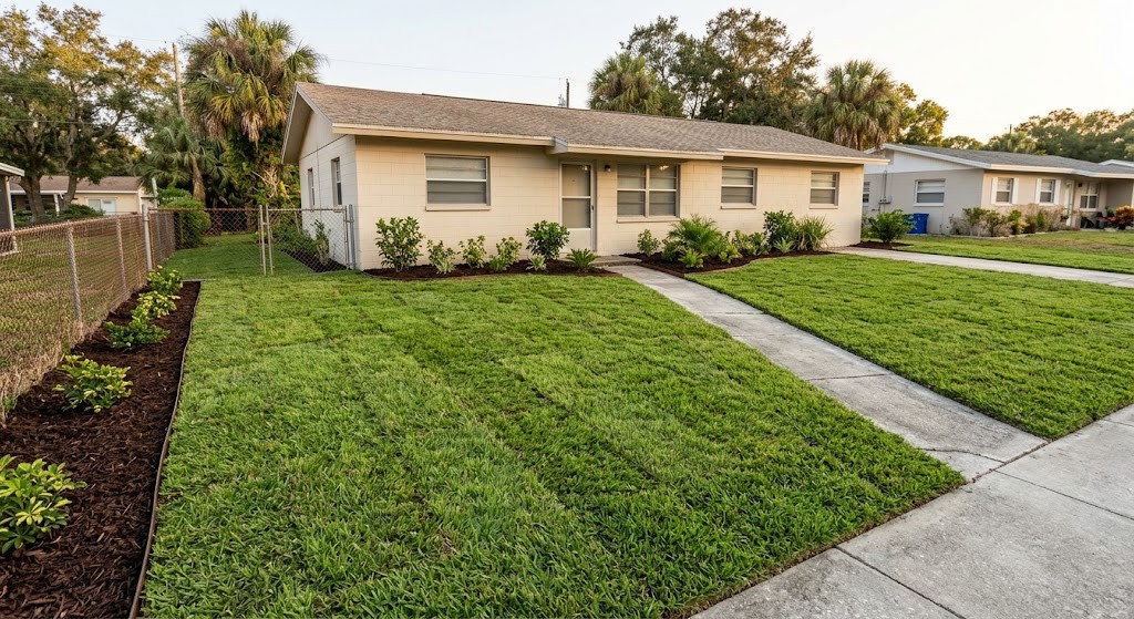 Completed sod installation on a large residential lot in St. Petersburg