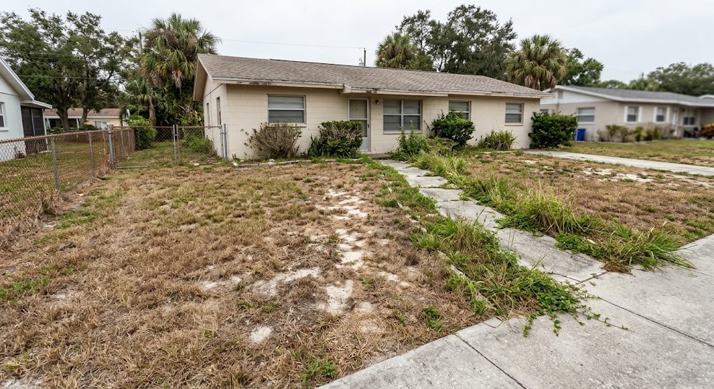 Dead, patchy lawn before sod replacement