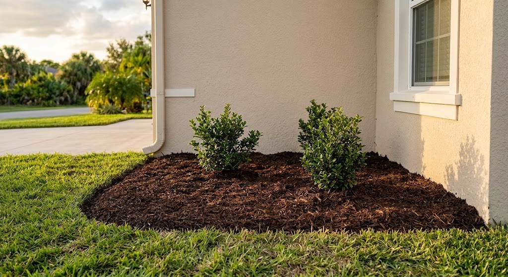 The same landscape bed freshly mulched with new shrubs planted