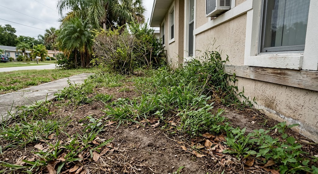 Weedy, bare landscape bed before mulch installation