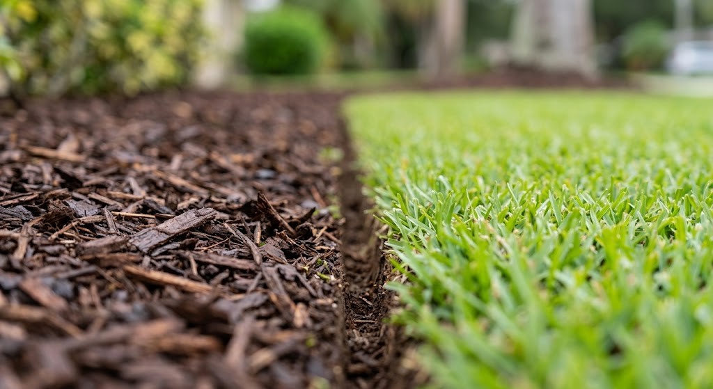 Clean mulch and sod edge line on a St. Petersburg property