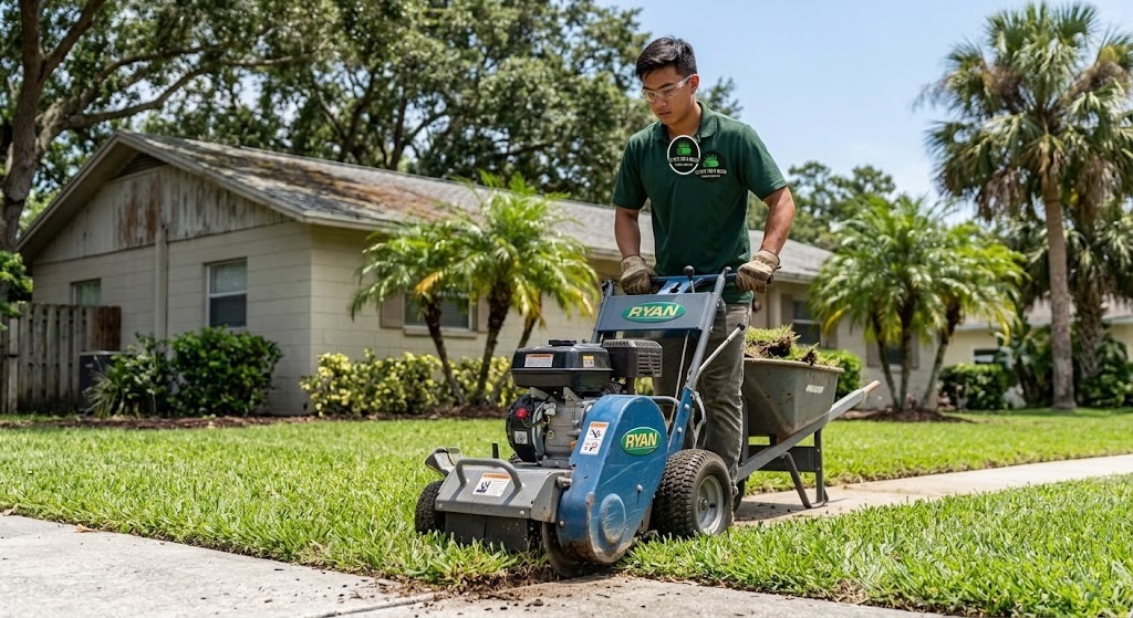 St Pete Sod & Mulch technician using a sod cutter to prep a yard before installation