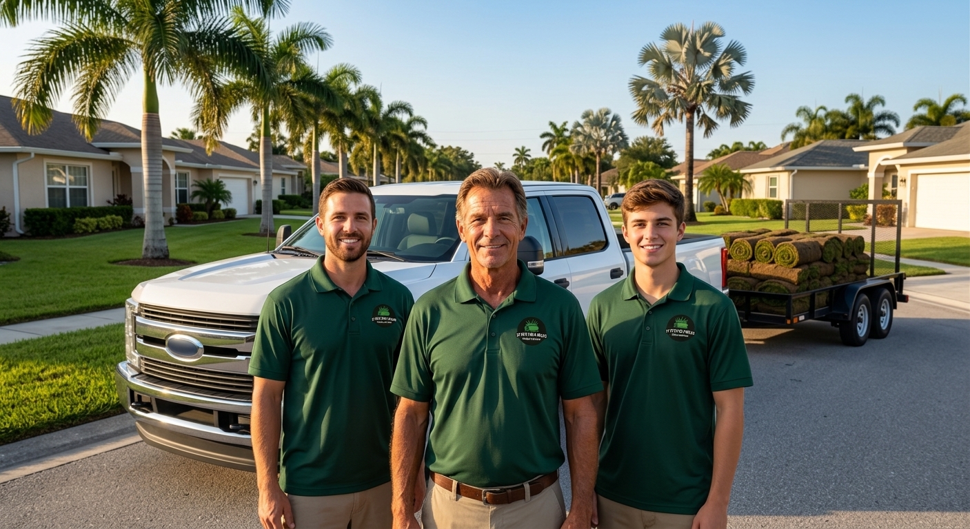 St Pete Sod & Mulch crew loading fresh sod pallets onto their truck